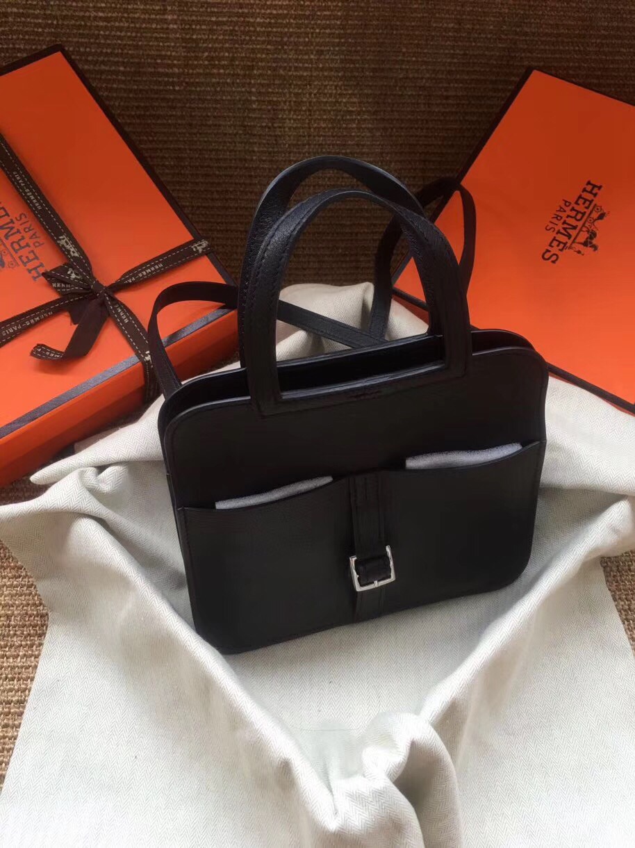 Hermes Mini Halzan 22 Handbag Shoulder Bag In Black Swift Leather